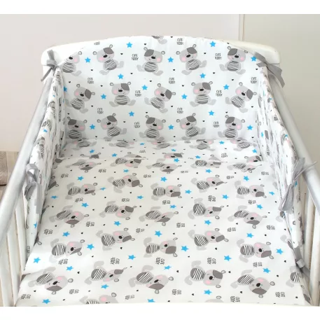 Mama Kiddies® Baby Bear 5-dielna detská posteľná bielizeň s mantinelom 180°, v sivej farbe so vzorom medvedíka