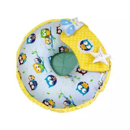 Mama Kiddies® MyKids konvertibilný vankúš do detskej sedačky s modrým a žltým vzorom sovy