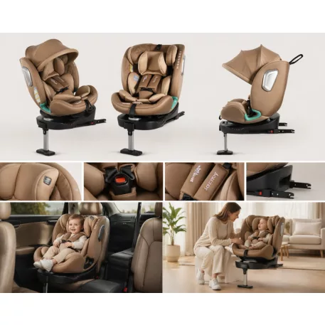 ISOFIX 360° otočná autosedačka Mama Kiddies® iSize Journey Extra (40–150 cm) v béžovej farbe s podpornou nohou + darček slnečná clona a opierka nôh