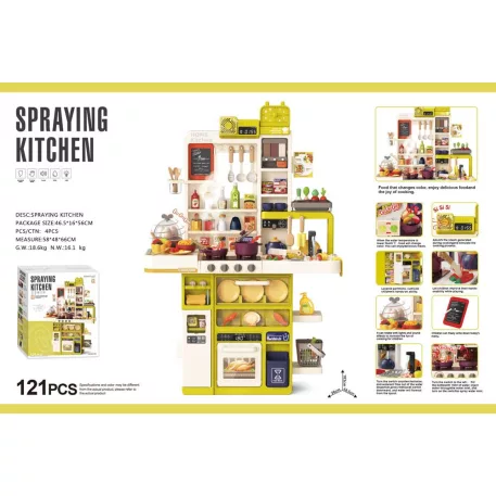 Mama Kiddies® Interaktívna „Spraying Kitchen“ detská kuchynka – 121-dielna sada, výška 103 cm so svetelnými a zvukovými efektmi v žltozelenej farbe