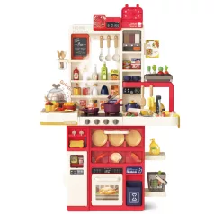   Mama Kiddies® Interaktívna „Spraying Kitchen“ detská kuchynka – 121-dielna sada, výška 103 cm so svetelnými a zvukovými efektmi v červenej farbe