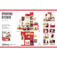   Mama Kiddies® Interaktívna „Spraying Kitchen“ detská kuchynka – 121-dielna sada, výška 103 cm so svetelnými a zvukovými efektmi v červenej farbe