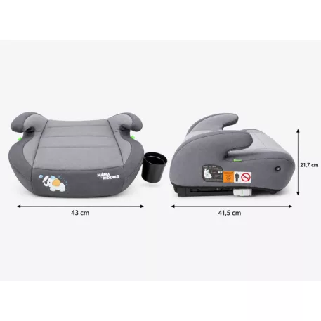 Mama Kiddies® i-Size HappyRide podsedák (125–150 cm) s ISOFIX upevnením v sivej farbe s motívom sloníka – DARČEK držiak na pohár