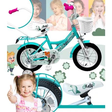 Kelly detský bicykel s rodičovskou rukoväťou – mentolový 12" + darček
