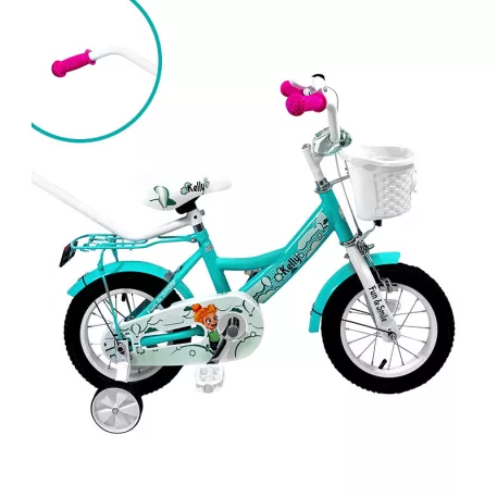 Kelly detský bicykel s rodičovskou rukoväťou – mentolový 12" + darček