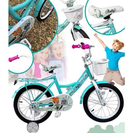 Kelly detský bicykel s rodičovskou rukoväťou – mentolový 16" + darček
