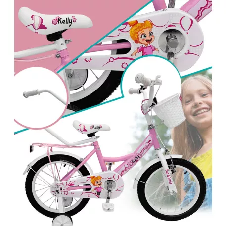 Kelly detský bicykel s rodičovskou rukoväťou – ružový 16" + darček