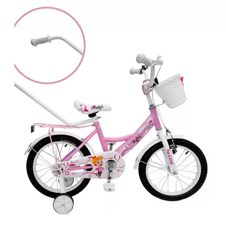 Kelly detský bicykel s rodičovskou rukoväťou – ružový 16" + darček
