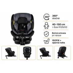   ISOFIX-ová autosedačka Mama Kiddies® Turbo Wings otočná o 360° (40 – 150 cm) v tmavo-sivej farbe s opornou nohou + darček – opierka chrbtice, slnečná clona